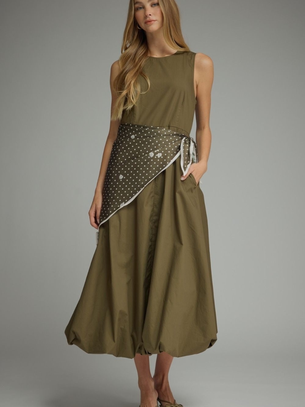 entro Olive Sleeveless Midi Dress with Polka Dot Scarf Accent